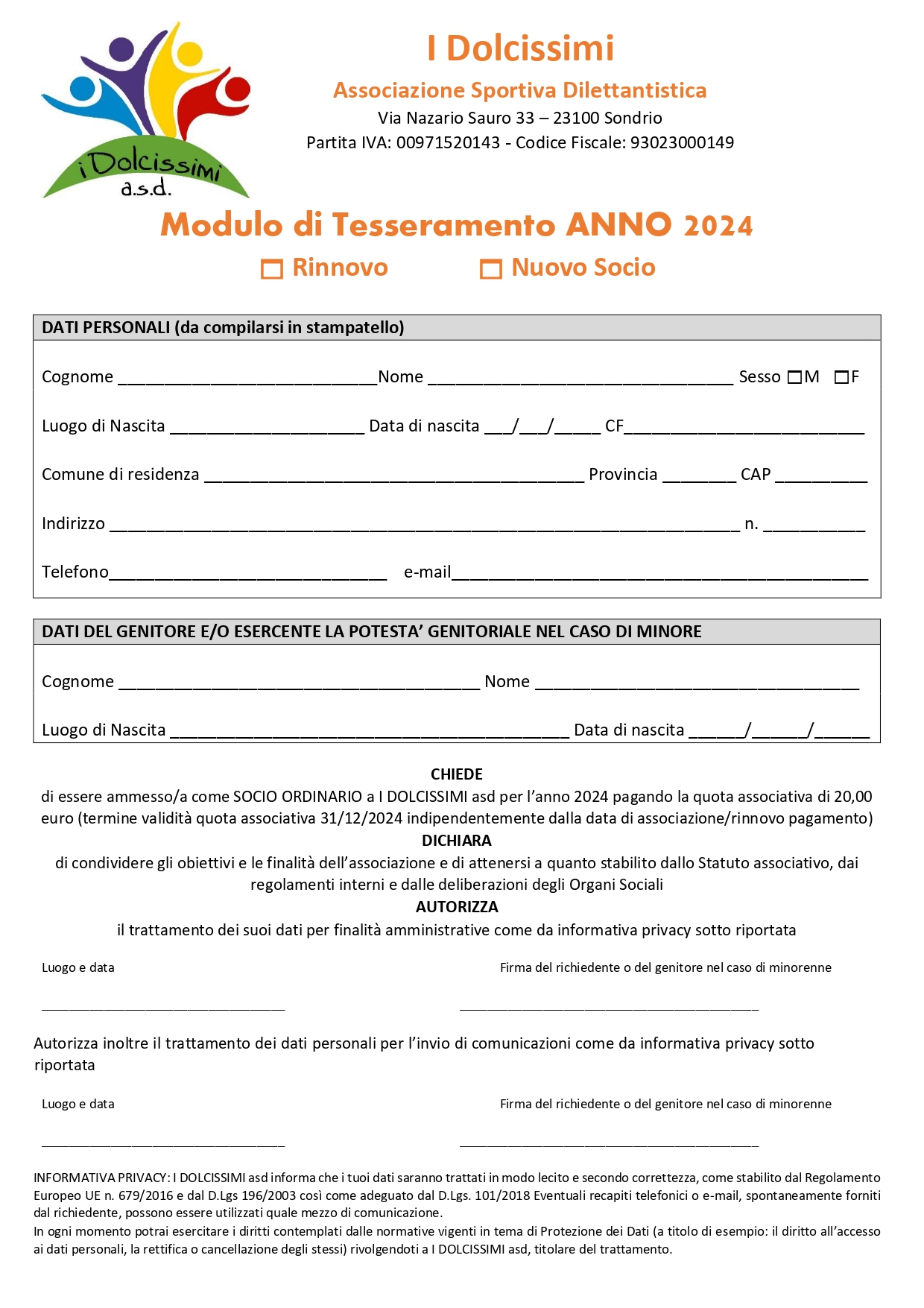 Tesseramento 2024 I Dolcissimi ASD